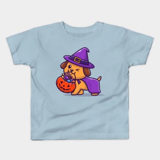 Cute Wizard Dog Bring Pumpkin Halloween Cartoon Kids T-Shirt